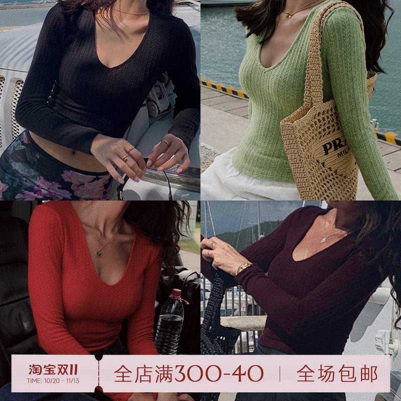 ITSNIKAR「麦穗打底」厚款针织打底衫女欧美修身性感v领内搭上衣