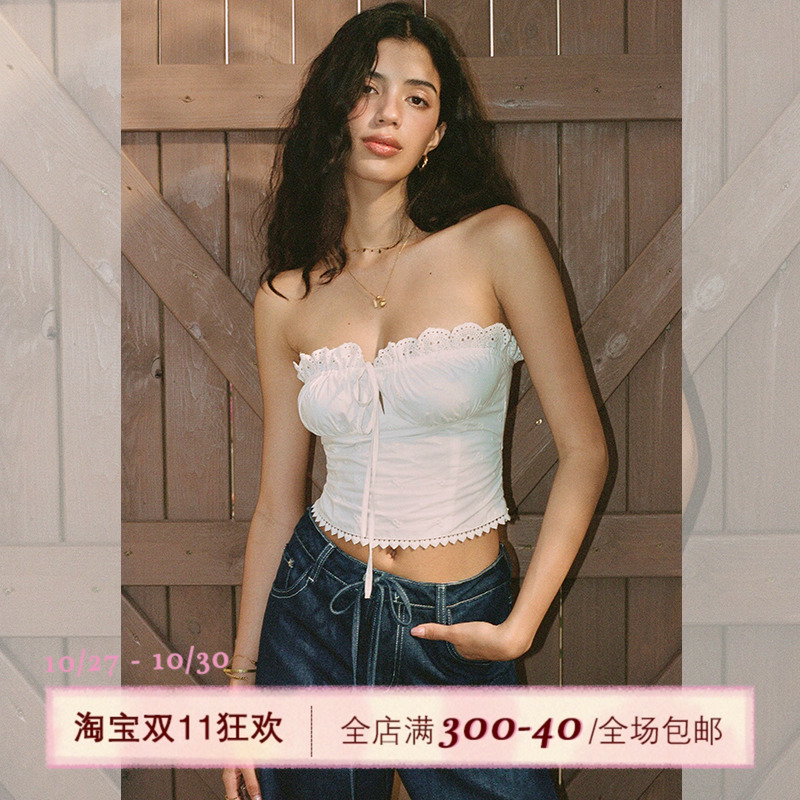 ITSNIKAR法式重工刺绣抹胸女夏抽褶设计内搭度假风立体显瘦短上衣