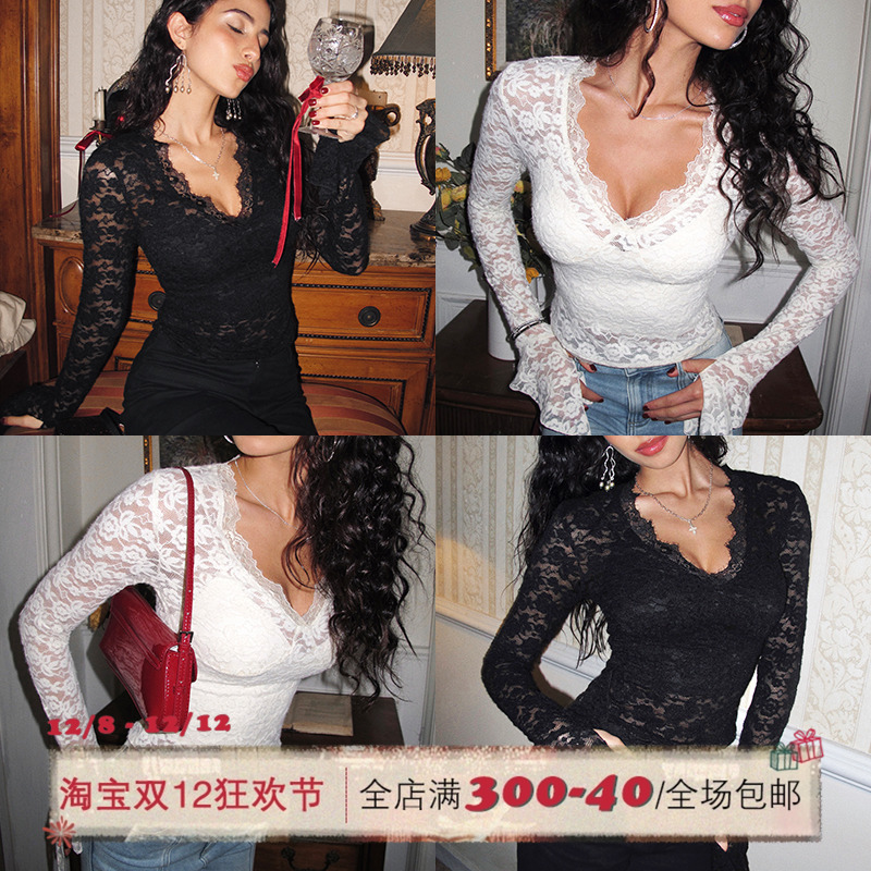 ITSNIKAR 珍珠蕾丝法式镂空V领针织衫女秋性感打底衫外穿蕾丝上衣