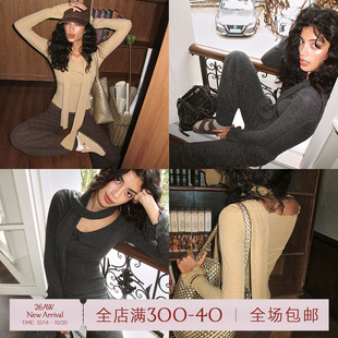 ITSNIKAR 经典一字肩修身长袖针织套装女秋冬阔腿显瘦长裤两件套