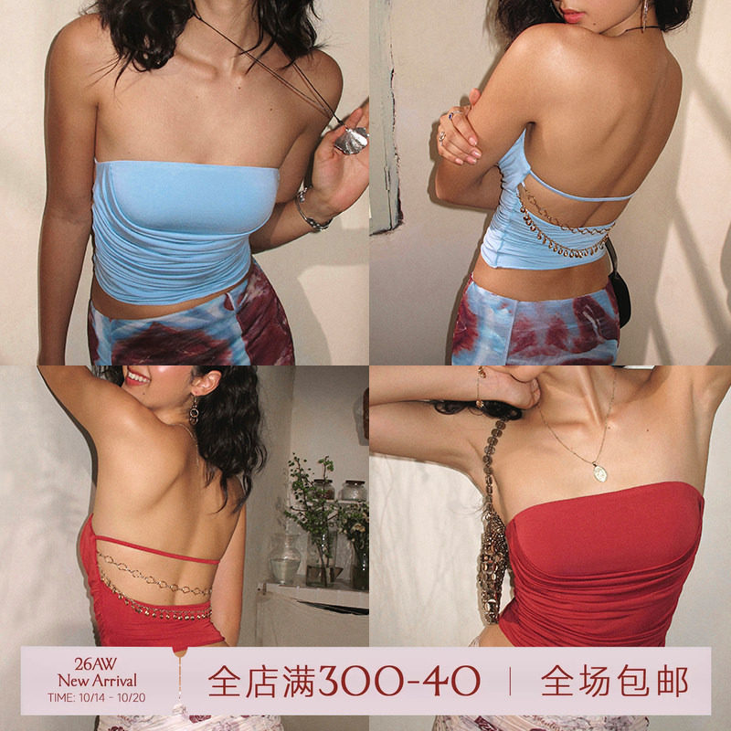 ITSNIKAR裸感露背缩褶抹胸吊带女夏带胸垫垂感内搭针织显瘦短上衣