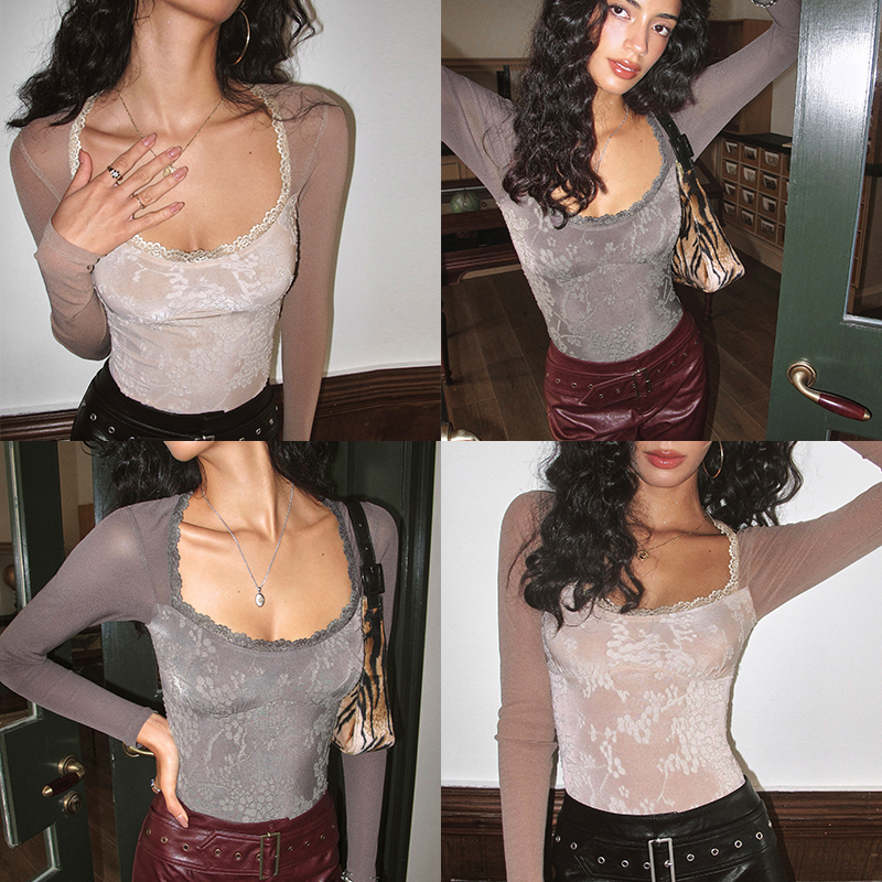 ITSNIKAR复古提花方领针织衫女秋冬蕾丝撞色打底衫内搭连体短上衣