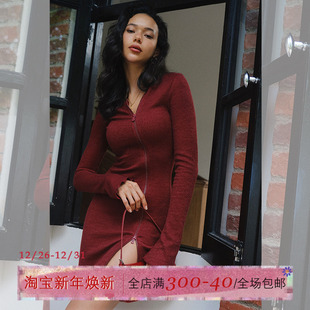 ITSNIKAR 双开拉链连衣裙女秋基础针织打底裙不规则设计包臀裙子