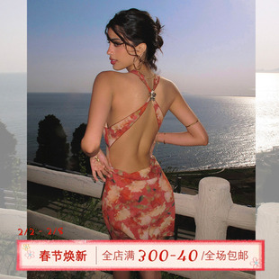 ITSNIKAR复古红色碎花连衣裙女性感挂脖吊带裙海边露背度假长裙子