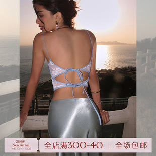 ITSNIKAR 牛仔蓝提花背心吊带女夏带胸垫绑带内搭性感露背短上衣
