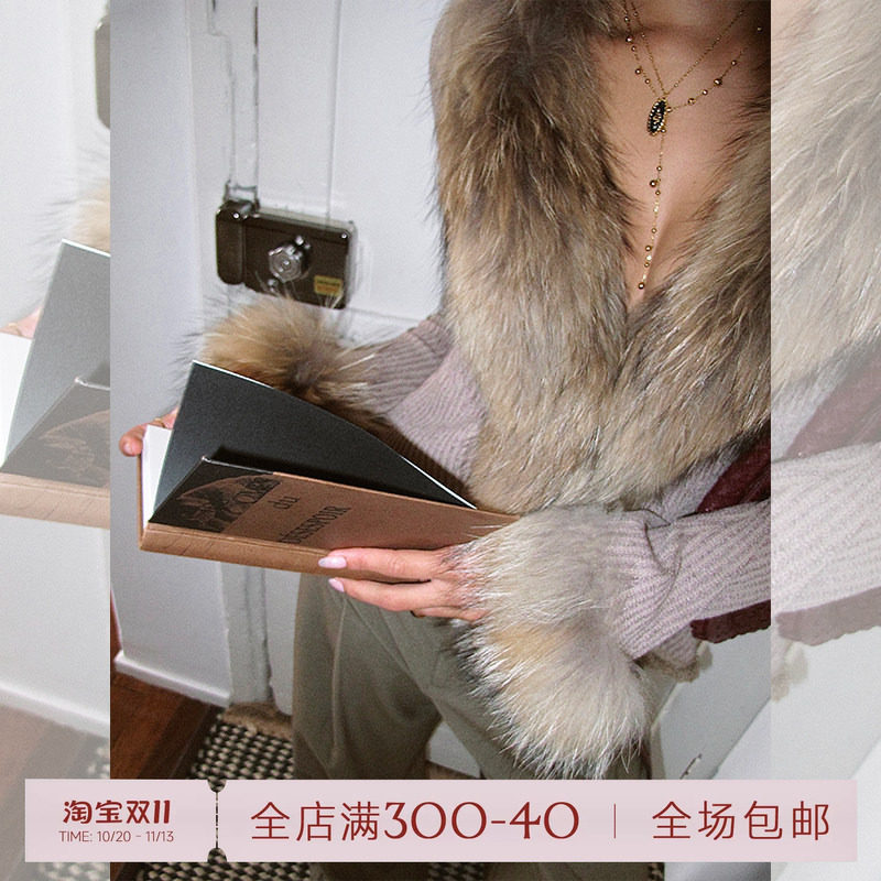 ITSNIKAR貉子毛领针织开衫女秋冬复古毛衣外套性感打底衫修身上衣
