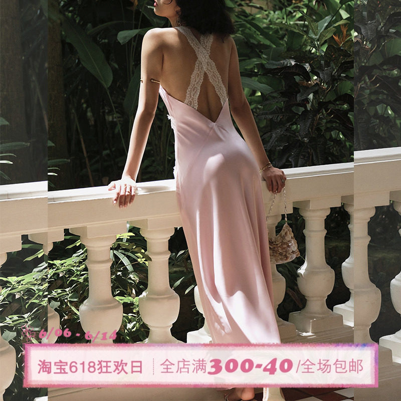 ITSNIKAR 法式缎面镂空吊带连衣裙女夏蕾丝性感包臀裙修身长裙子