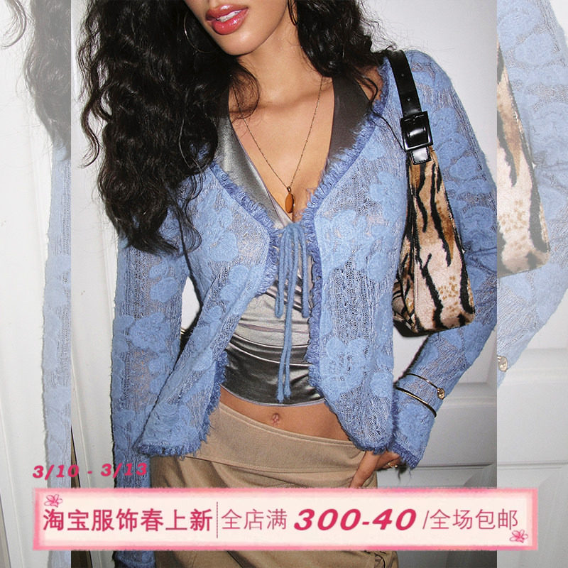 ITSNIKAR 复古提花V领毛针织衫女秋性感镂空打底衫修身绑带短上衣