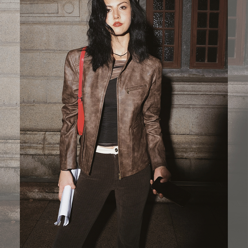 ITSNIKAR美拉德棕色正肩皮衣