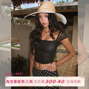 T恤女春夏优雅性感一字肩设计针织上衣 蕾丝拼接短袖 ITSNIKAR 法式