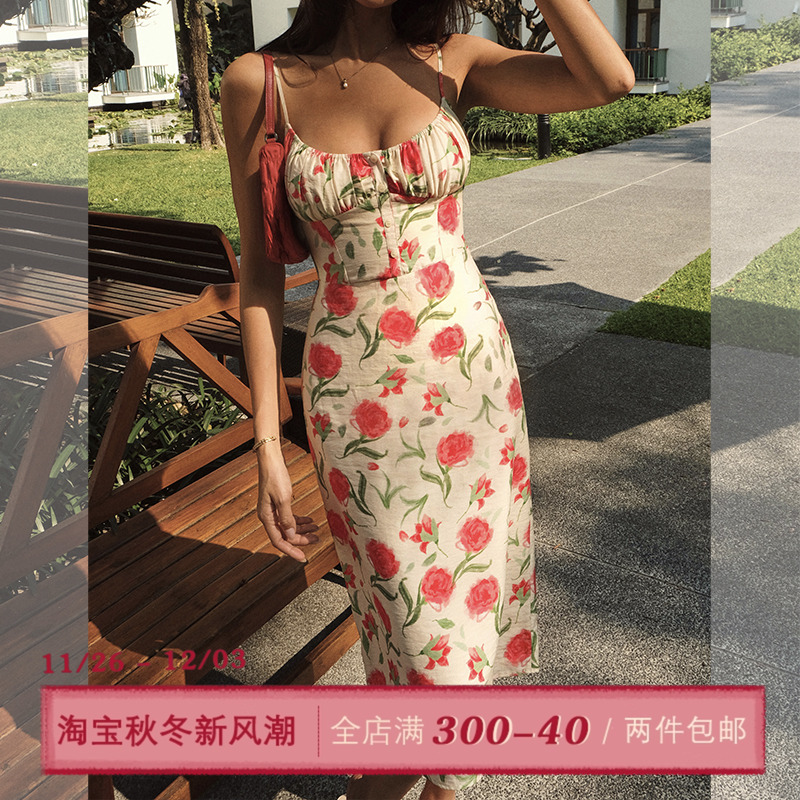 ITSNIKAR法式玫瑰碎花吊带连衣裙