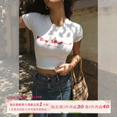 辣妹短款 ITSNIKAR 印花T恤女夏正肩修身 街头白色圆领短袖 上衣 美式
