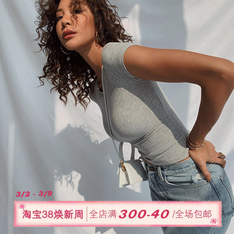 ITSNIKAR 美式灰色短袖t恤女夏欧美修身半袖紧身辣妹正肩打底上衣