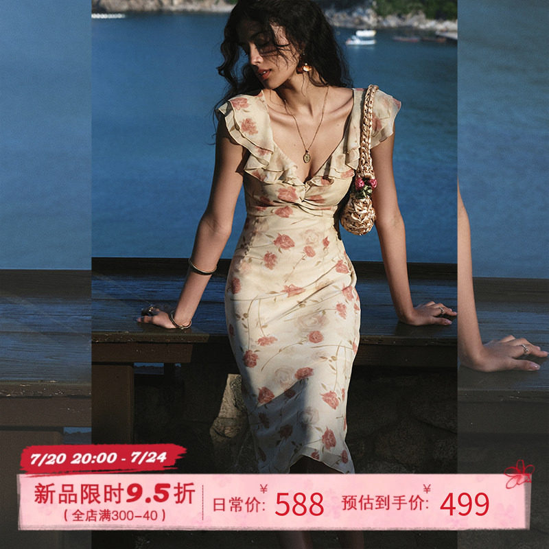 ITSNIKAR 7/20 20:00法式荷叶边印花雪纺连衣裙女夏性感V领包臀裙
