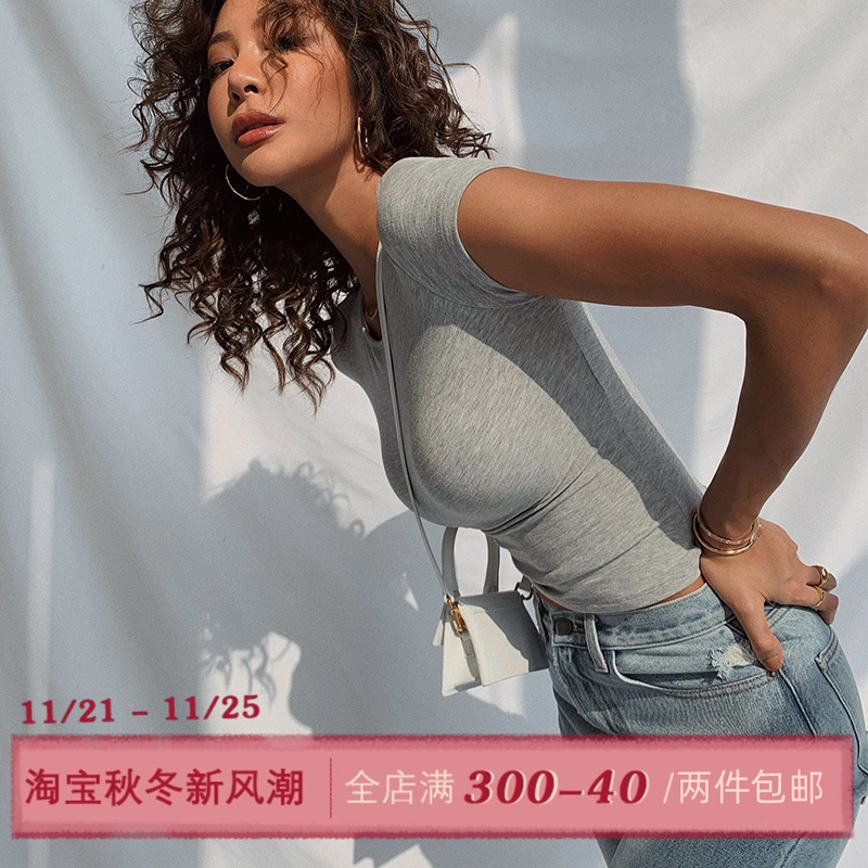 ITSNIKAR 美式白色短袖t恤女夏欧美修身半袖紧身辣妹红色正肩上衣