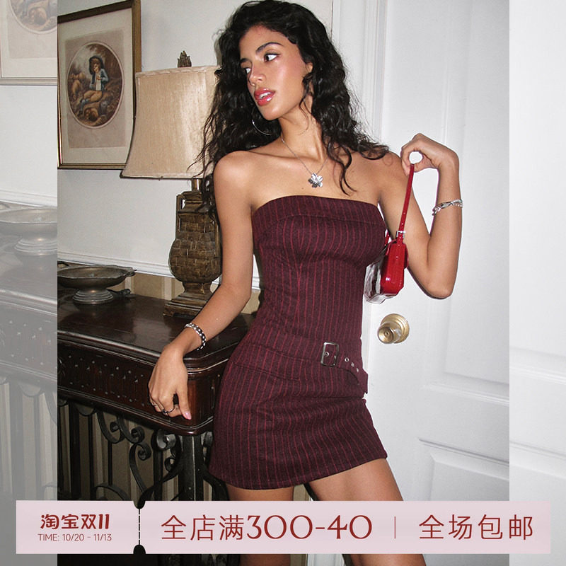 ITSNIKAR 经典酒红条纹抹胸连衣裙女毛呢裙新年节日氛围感短裙子