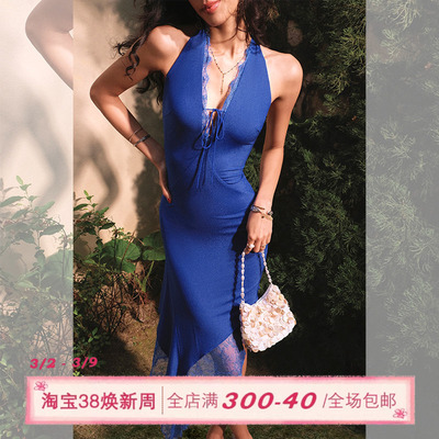 ITSNIKAR法式细闪挂脖连衣裙女春性感修身包臀裙蕾丝拼接中长裙子