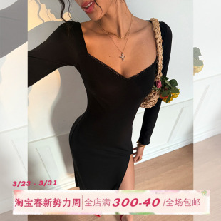 针织连衣裙女冬性感蕾丝包臀裙开衩长裙子 方领长袖 ITSNIKAR 法式