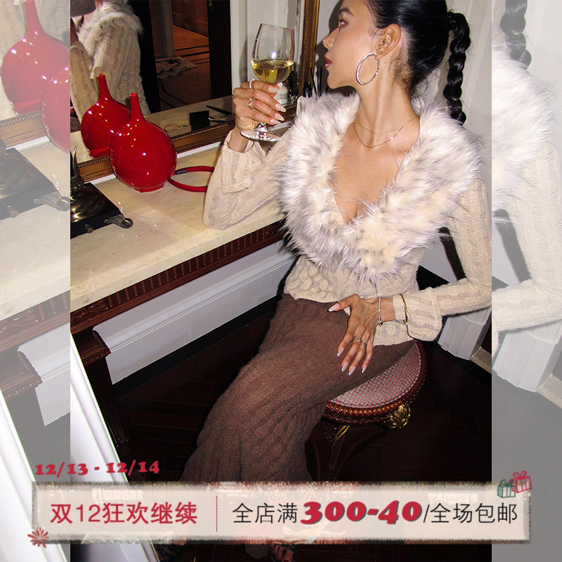 ITSNIKAR 法式v领针织衫套装女秋冬氛围感气质显瘦上衣半裙两件套