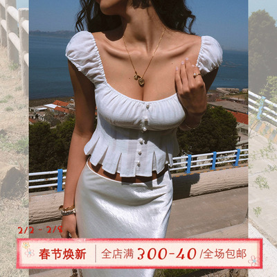 ITSNIKAR 法式方领收褶设计短袖T恤女夏立体感气质修身显瘦短上衣