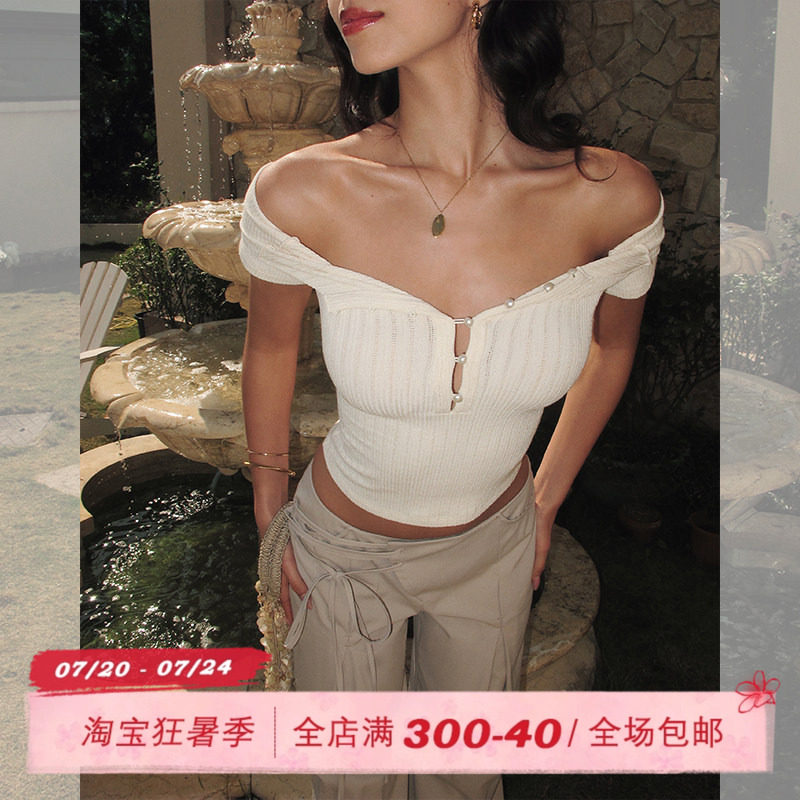 ITSNIKAR 珍珠亨利法式性感短袖T恤女修身一字肩短款针织露肩上衣 - 实物图