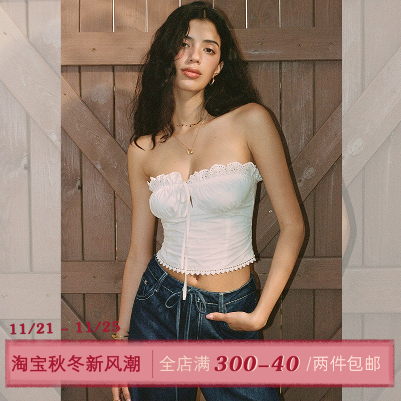 ITSNIKAR法式重工刺绣抹胸女夏抽褶设计内搭度假风立体显瘦短上衣