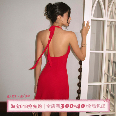 ITSNIKAR 红色雪纺连衣裙女夏季节日感挂脖吊带裙显瘦露背短裙子