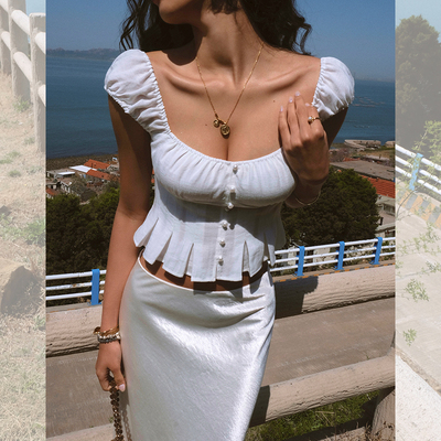 ITSNIKAR 法式方领收褶设计短袖T恤女夏立体感气质修身显瘦短上衣