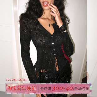 女秋冬裸感显瘦打底衫 蕾丝V领针织衫 性感优雅短上衣 法式 ITSNIKAR