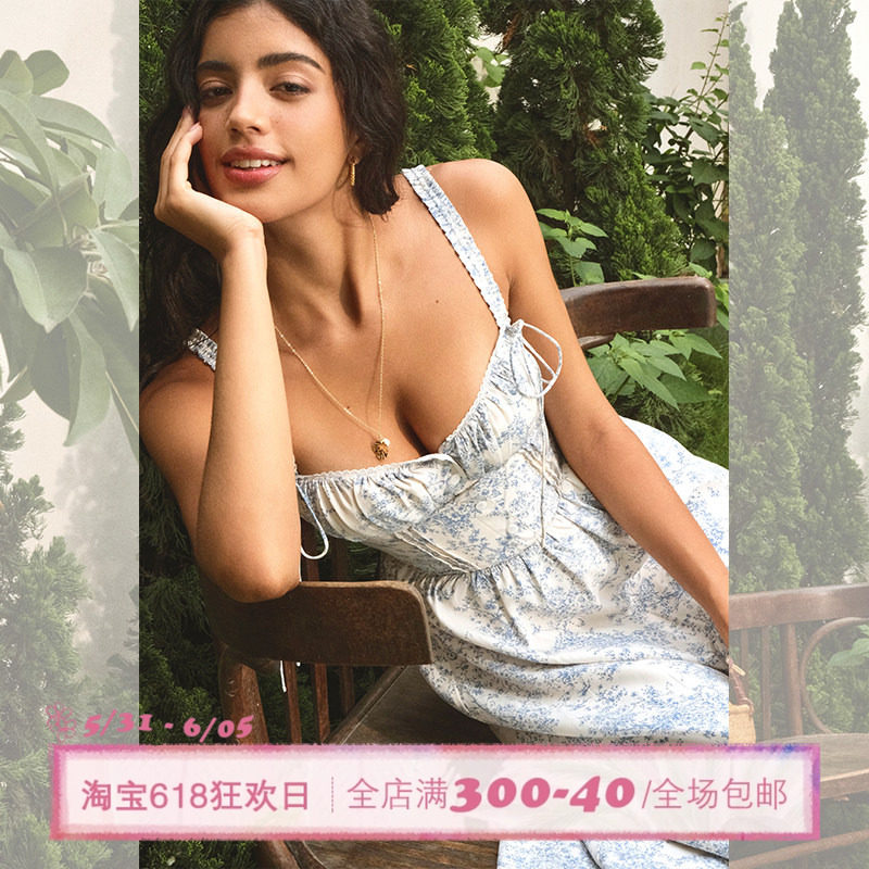 ITSNIKAR 法式气质蕾丝蓝色碎花连衣裙女海边度假吊带裙中长裙子