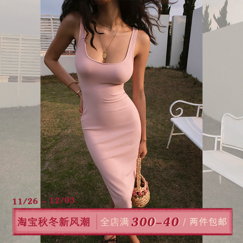 ITSNIKAR经典坑条针织连衣裙女夏性感显瘦包臀裙方圆领吊带长裙子