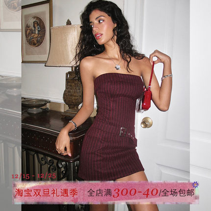 ITSNIKAR 经典酒红条纹抹胸连衣裙女毛呢裙圣诞节日氛围感短裙子