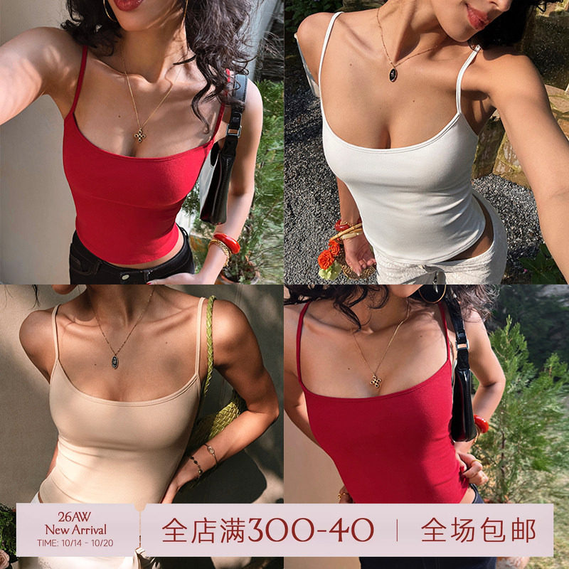 ITSNIKAR 经典细肩带裸感U领吊带背心女初春带胸垫内搭修身短上衣