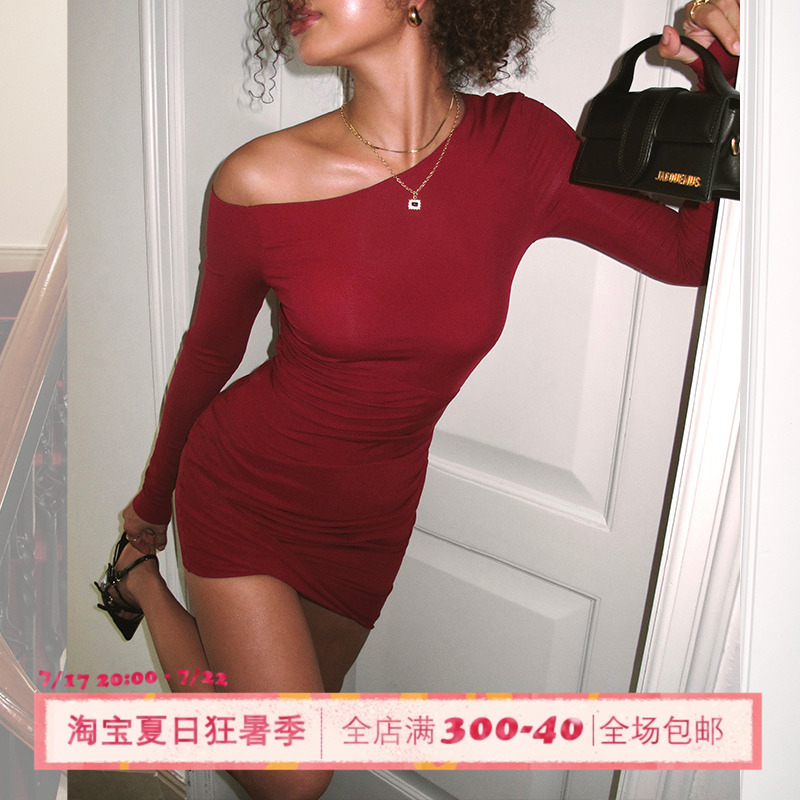 ITSNIKAR法式红色情人节连衣裙女春长袖包臀裙性感紧身针织短裙子