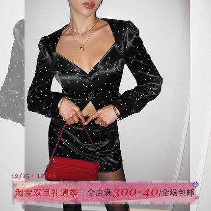 ITSNIKAR法式钻石领波点西装上衣套装女包臀短裙情人节氛围两件套