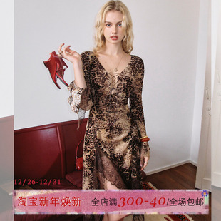 性感包臀裙蕾丝拼接长裙子 v领豹纹连衣裙女初秋修身 ITSNIKAR 法式