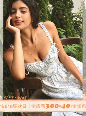 ITSNIKAR 法式气质蕾丝蓝色碎花连衣裙女海边度假吊带裙中长裙子