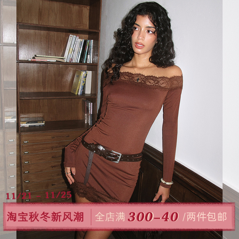 ITSNIKAR 蕾丝拼接露肩长袖连衣裙女秋斜肩性感包臀裙针织短裙子