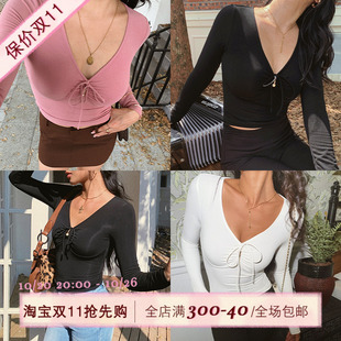 修身 ITSNIKAR 性感V領(lǐng)蝴蝶結(jié)針織衫 女早秋基礎(chǔ)顯瘦打底衫 辣妹上衣