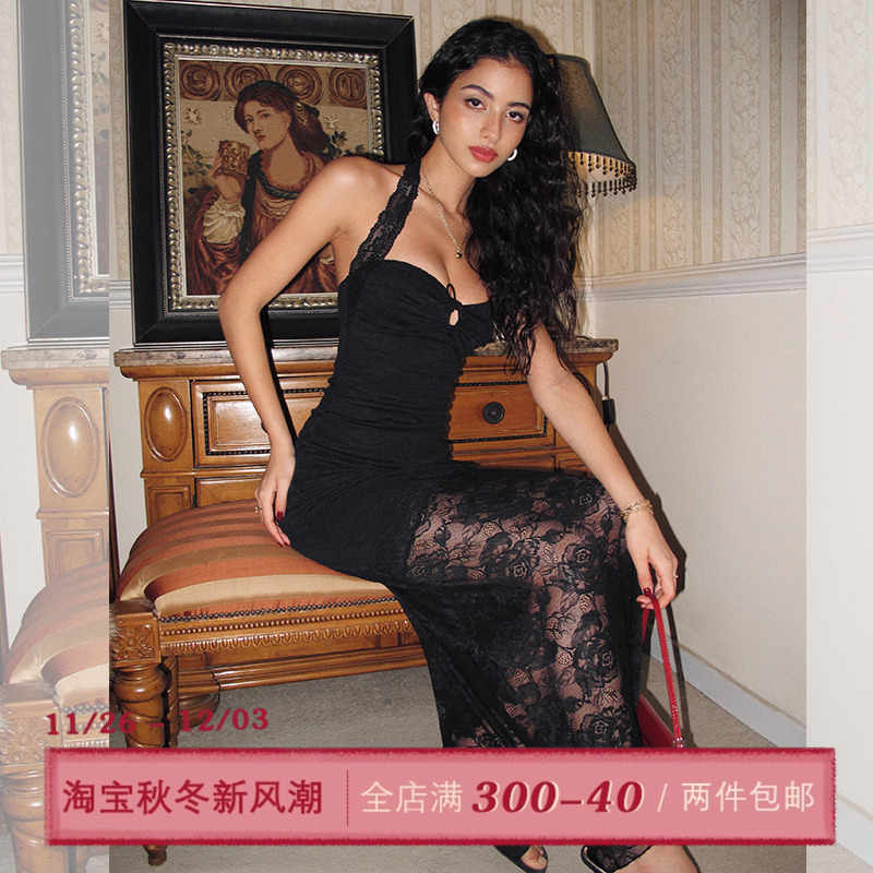 ITSNIKAR【罗马午夜】黑玫瑰蕾丝连衣裙女性感挂脖吊带裙礼服裙子
