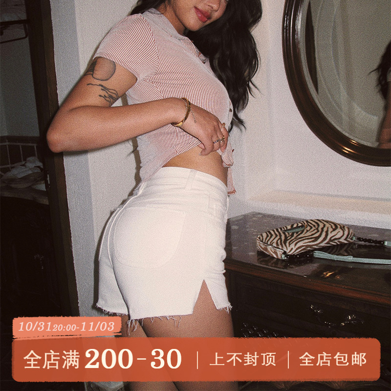 ITSNIKAR法式复古开衩白色牛仔短裤欧美性感修身包臀百搭高腰热裤