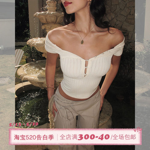 ITSNIKAR 珍珠亨利法式性感短袖T恤女修身一字肩短款针织露肩上衣