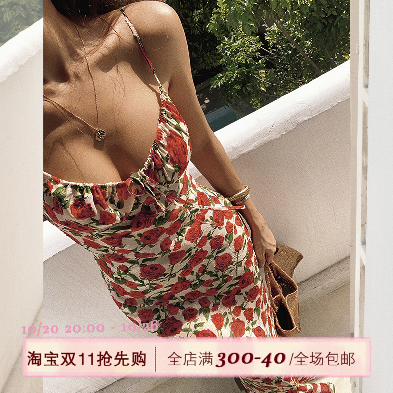 ITSNIKAR玫瑰花度假风吊带裙子