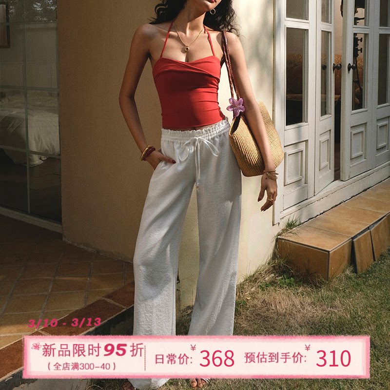 ITSNIKAR 3/6 20:00 经典白色休闲裤女亚麻感蕾丝拼接直筒长裤子