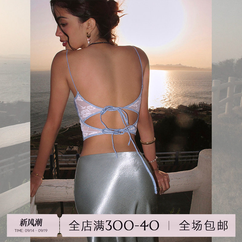 ITSNIKAR 牛仔蓝提花背心吊带女夏带胸垫绑带内搭性感露背短上衣图片