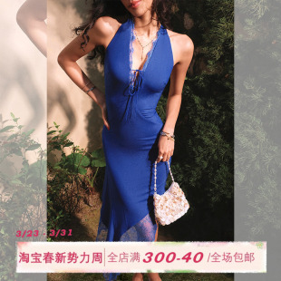 ITSNIKAR法式 包臀裙蕾丝拼接中长裙子 细闪挂脖连衣裙女春性感修身