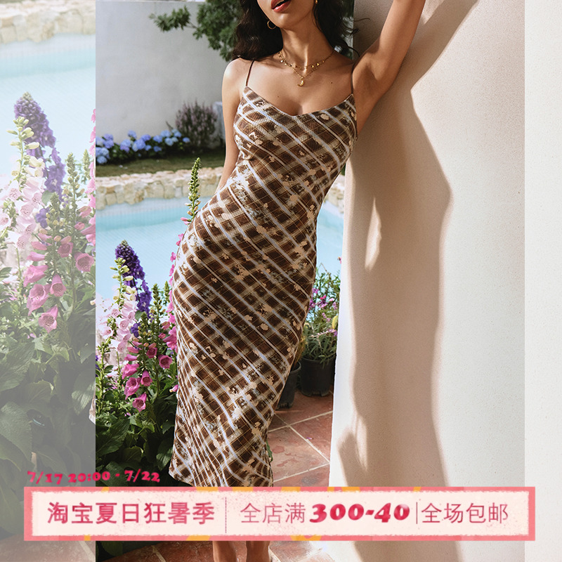 ITSNIKAR 法式格纹吊带连衣裙女春夏复古显瘦包臀裙修身性感裙子