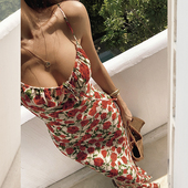 ITSNIKAR法式 裙子 玫瑰碎花连衣裙女秋复古红色吊带裙海边度假修身