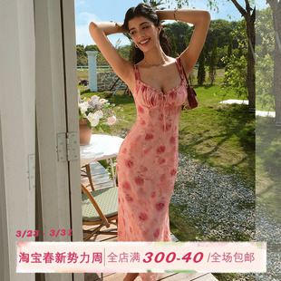 ITSNIKAR肌理感印花吊带连衣裙女夏修身 显瘦包臀裙复古玫瑰长裙子