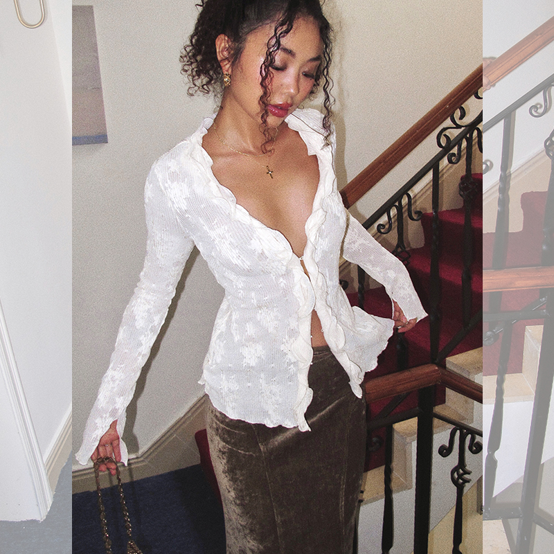 ITSNIKAR 法式性感v领针织衫女初秋荷叶边提花开衫朦胧感显瘦上衣